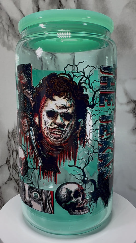 Texas Chainsaw Massacre Leatherface UVDTF on a teal beer can glass