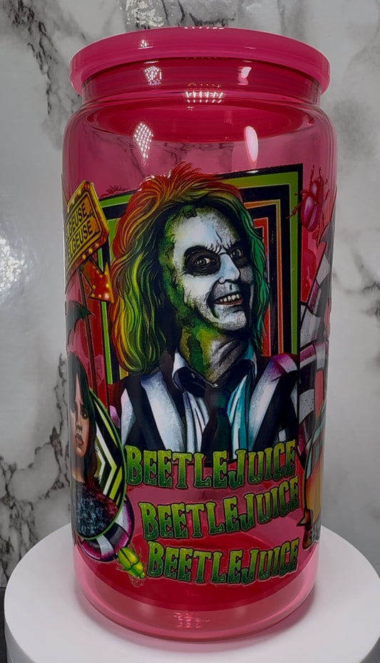 Beetlejuice UVDTF on a hot pink beer can glass
