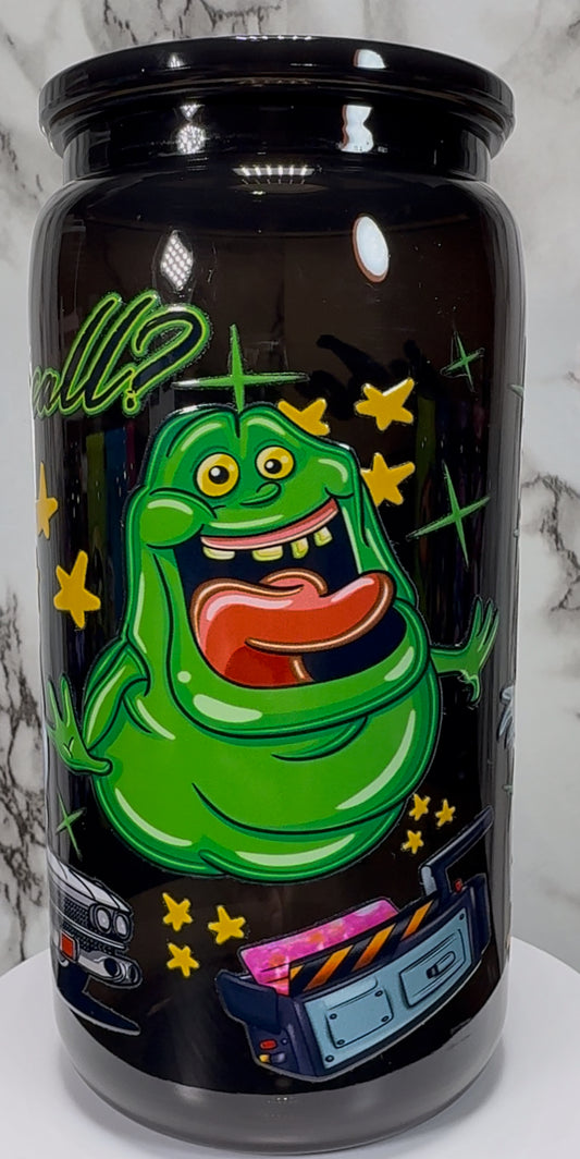 Ghostbusters No-Ghost, Slimer and Stay Puft Marshmallow Man UVDTF on a black PLASTIC beer can cup