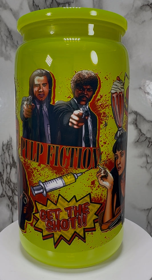 Pulp Fiction UVDTF on a bright yellow PLASTIC beer can cup