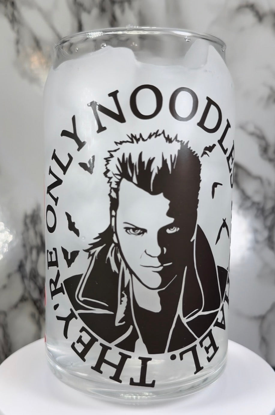Lost Boys David color changing red permanent vinyl on libbey beer can glass