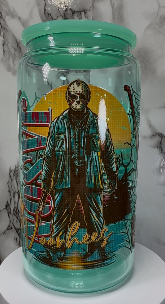 Friday the 13th Jason Voorhees UVDTF on a teal beer can glass