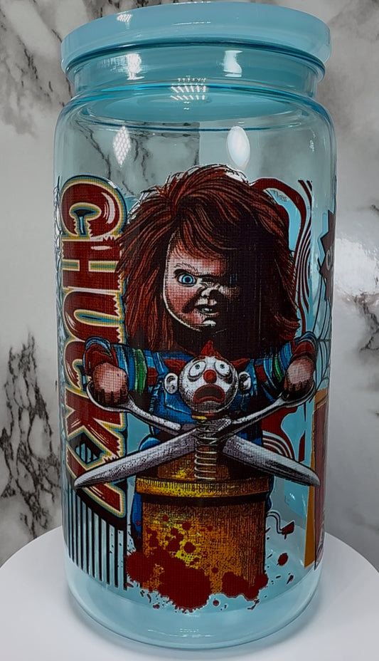 Chucky UVDTF on a blue PLASTIC beer can cup