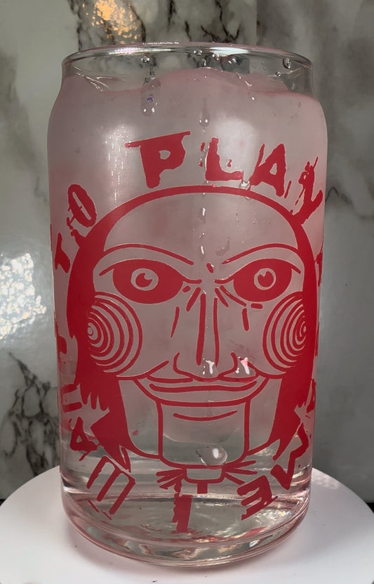 Jigsaw SAW Horror color changing red permanently vinyl on a libbey beer can glass.
