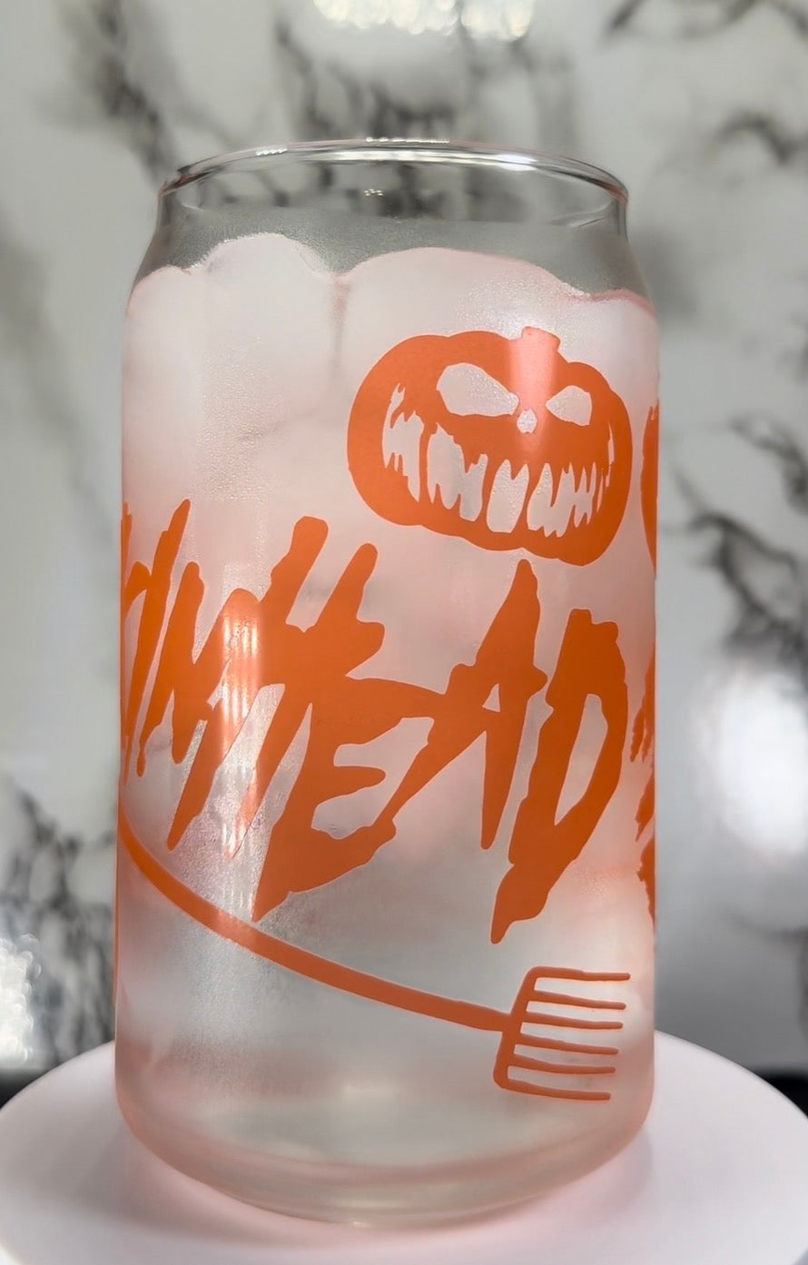 Pumpkinhead color changing orange permanent vinyl on a libbey beer can glass
