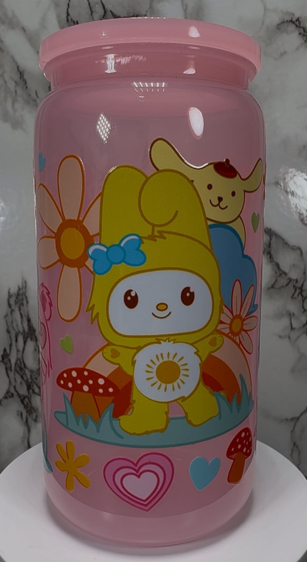 Hello Kitty / Care Bears mash up UVDTF on a PLASTIC pink beer can cup
