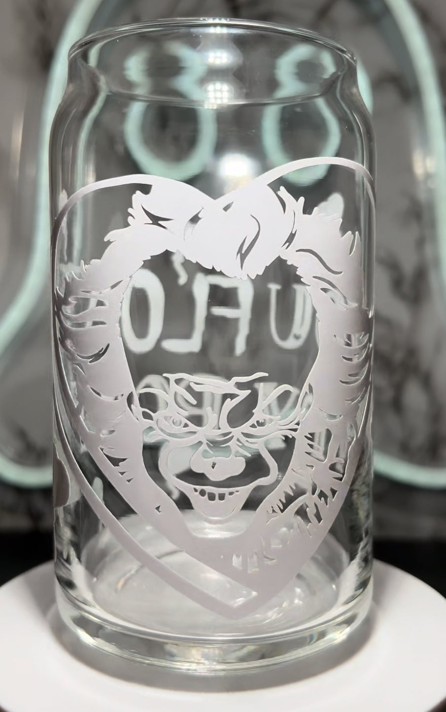 Pennywise Valentine’s Day color changing permanent vinyl on a libbey beer can glass