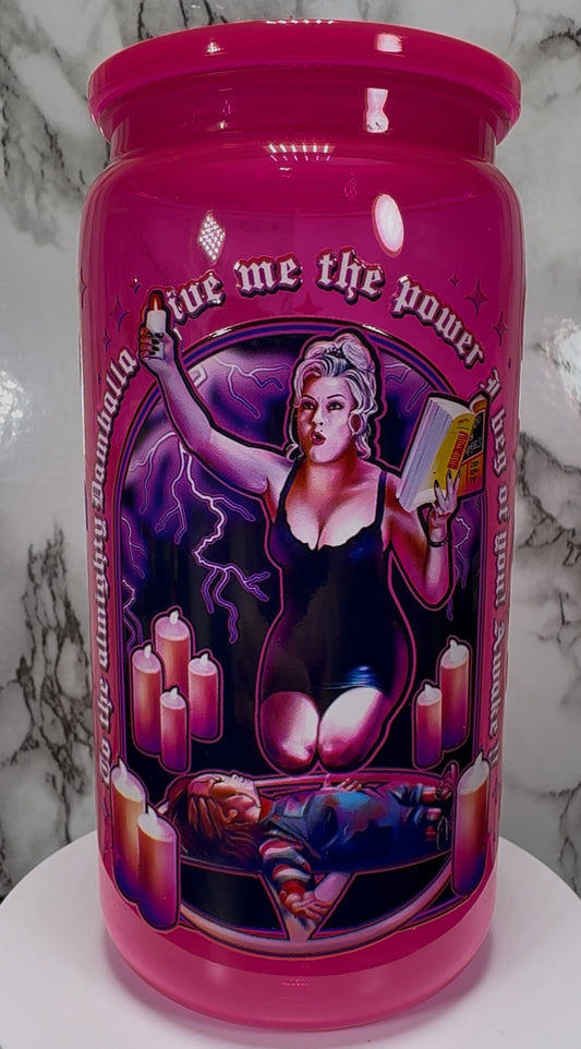 Tiffany Valentine UVDTF on a hot pink PLASTIC beer can cup