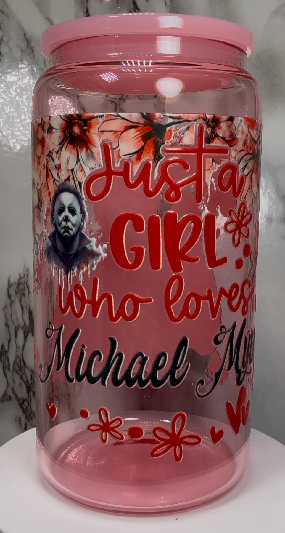 Michael Myers UVDTF on a pink beer can glass