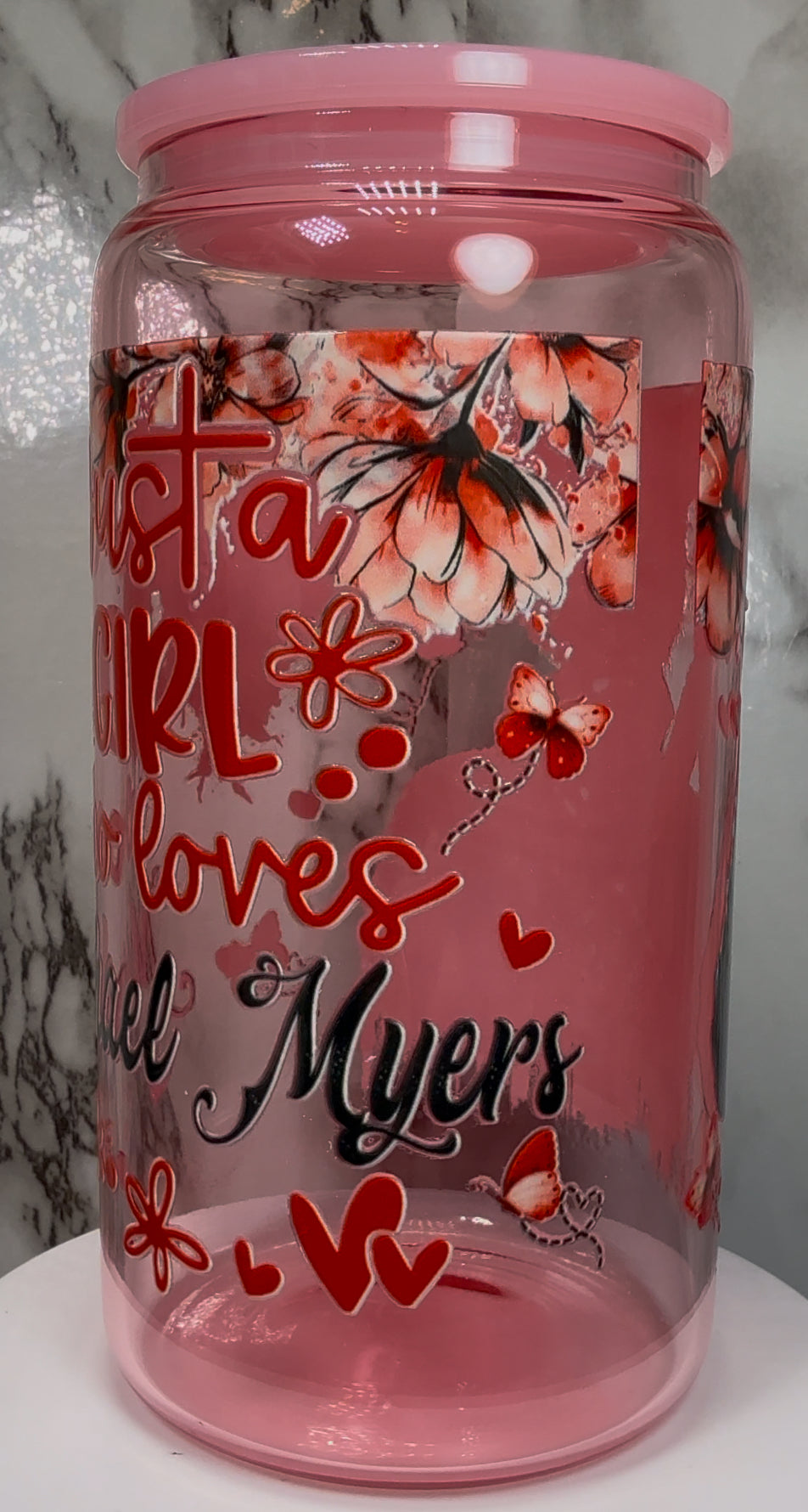 Michael Myers UVDTF on a pink beer can glass
