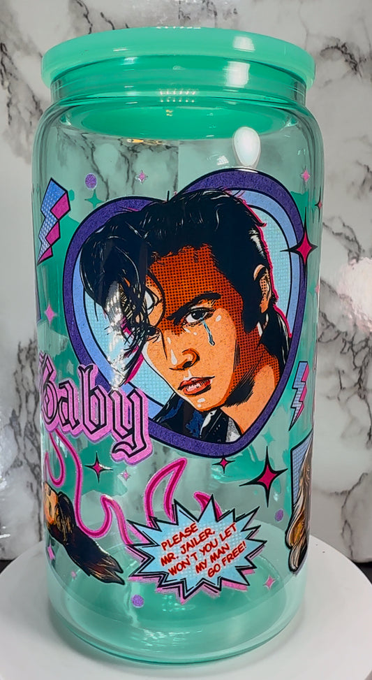 Cry Baby UVDTF on a teal beer can glass