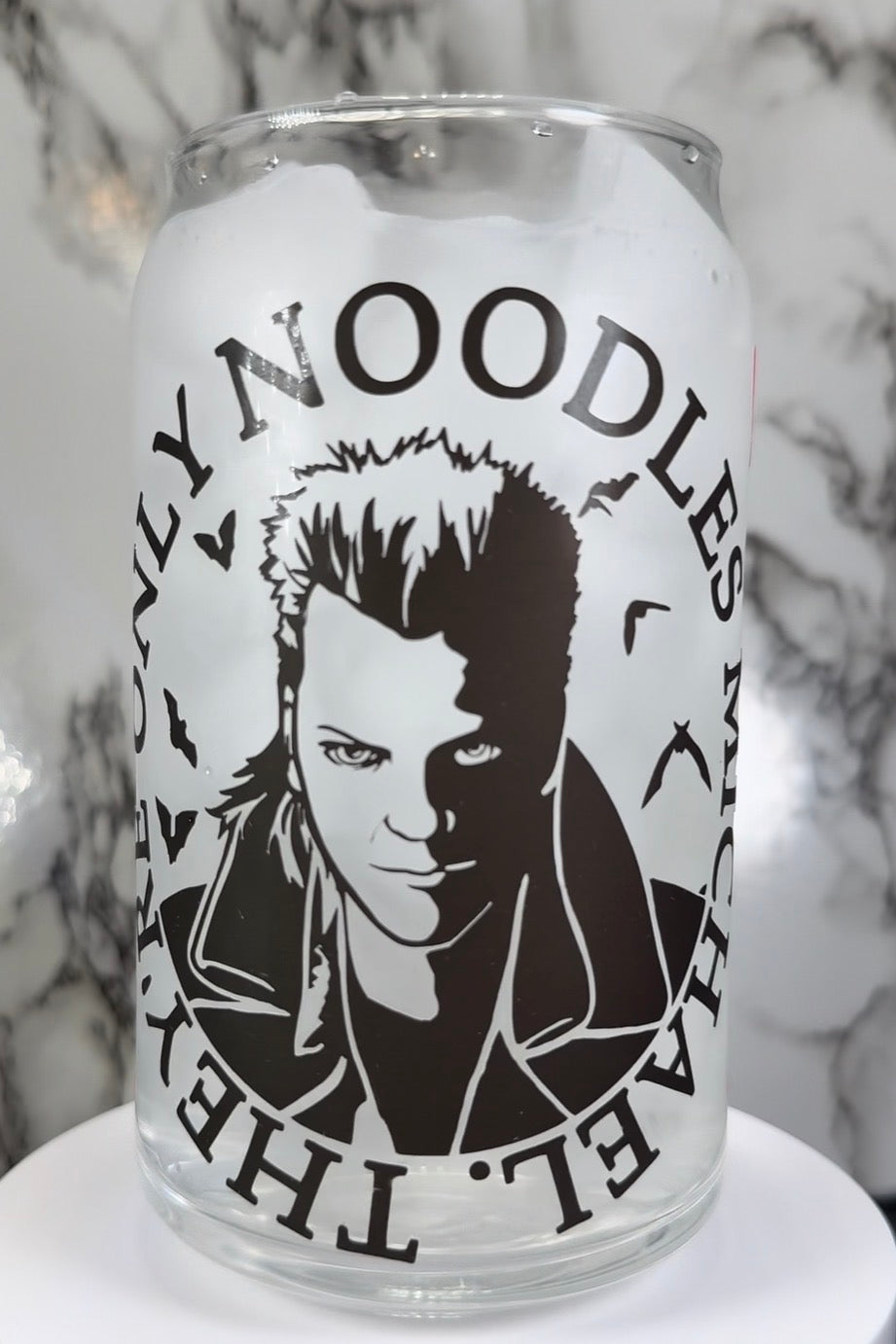 Lost Boys David color changing red permanent vinyl on libbey beer can glass