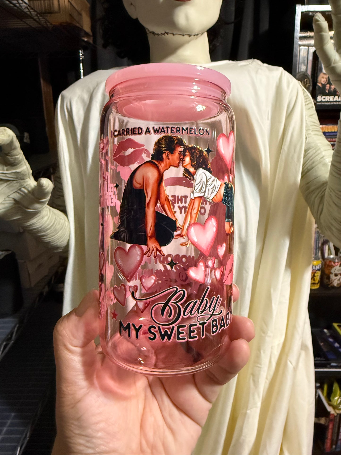 Dirty Dancing UVDTF on a light pink beer can glass