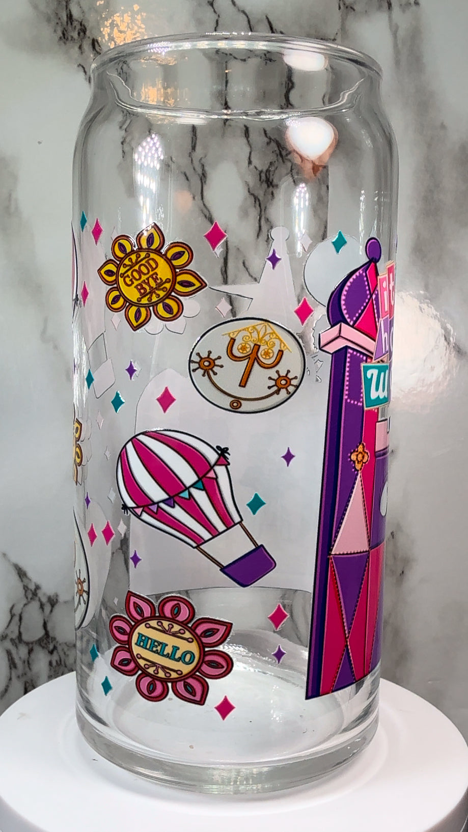Disney Chucky & Tiffany Valentine UVDTF on a 20 ounce libbey beer can glass