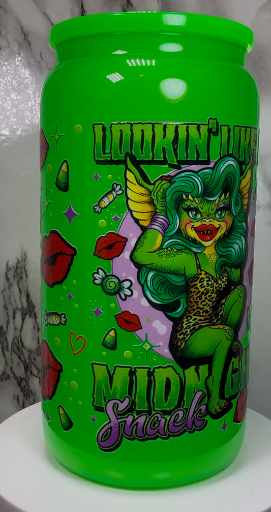 Greta Gremlin UVDTF in a bright green beer can glass