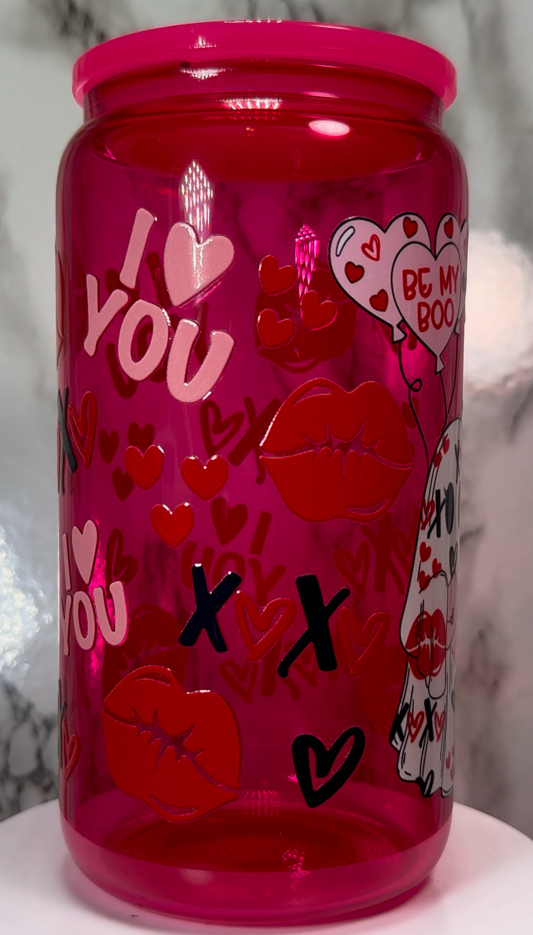 Valentine’s Day Ghost UVDTF on a hot pink beer can glass