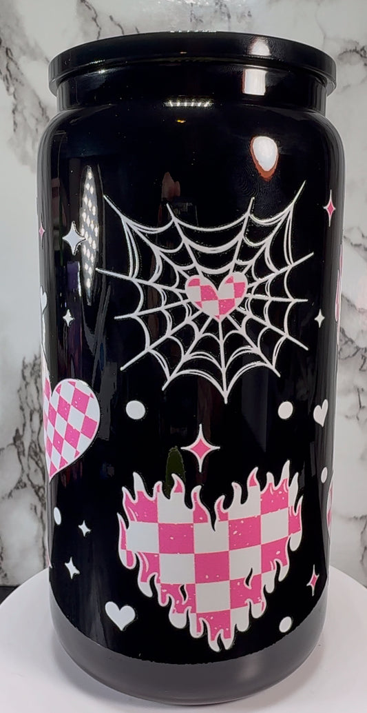 Pink & White checkered hearts UVDTF on a black beer can glass