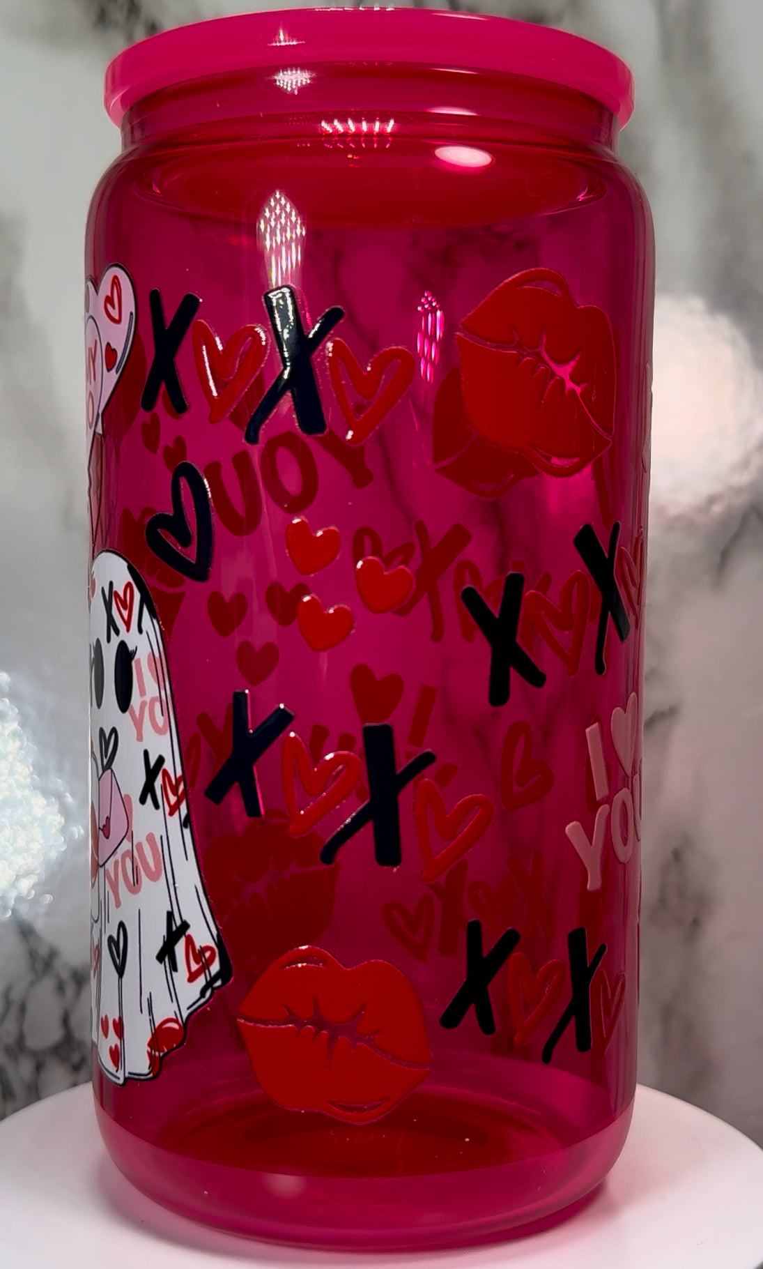 Valentine’s Day Ghost UVDTF on a hot pink beer can glass