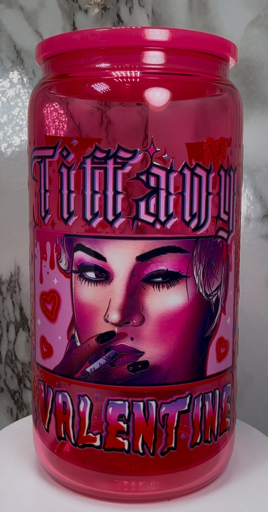 Tiffany Valentine UVDTF on a hot pink beer can glass