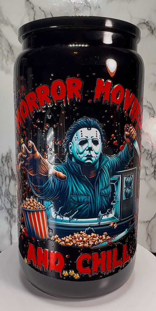 Michael Myers Horror Movies and chill UVDTF on a black beer can glass