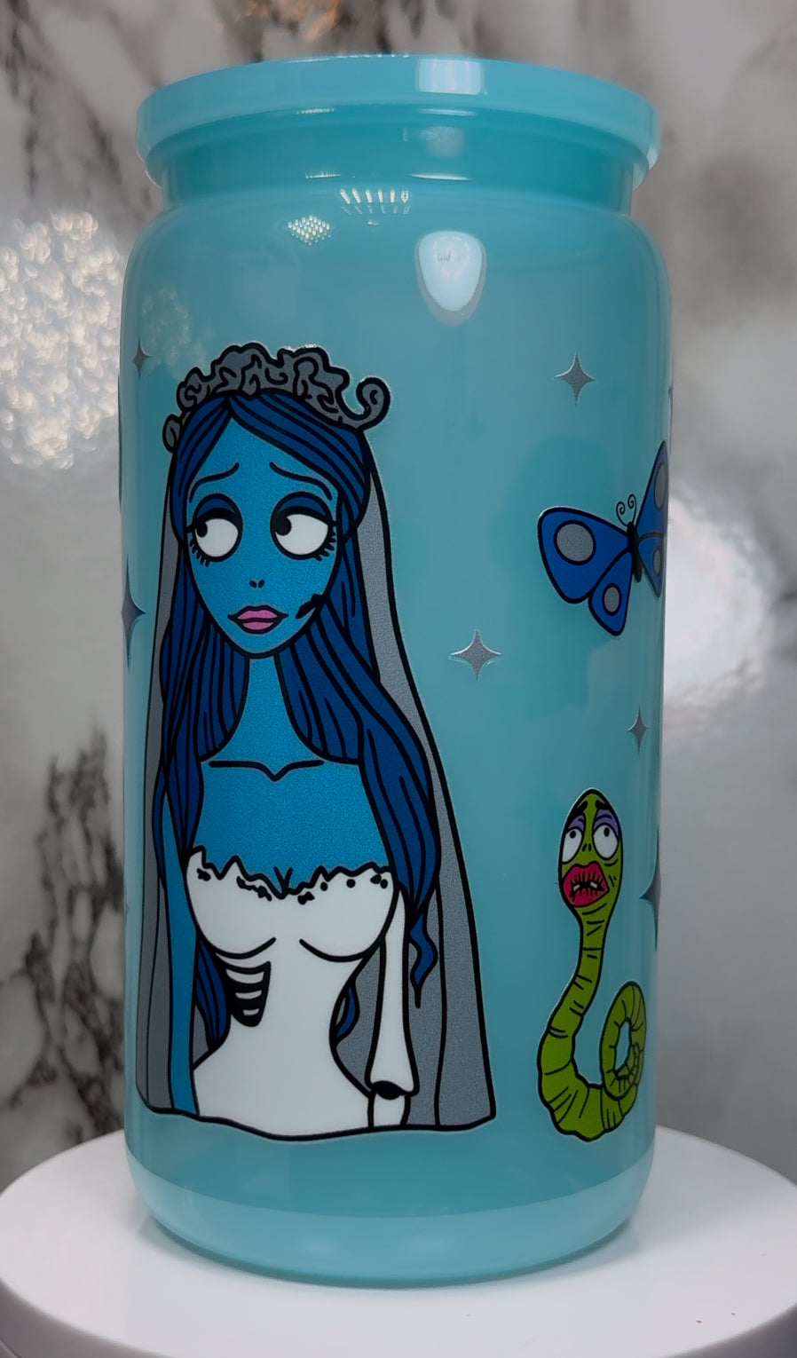 Corpse Bride UVDTF on a PLASTIC blue beer can cup