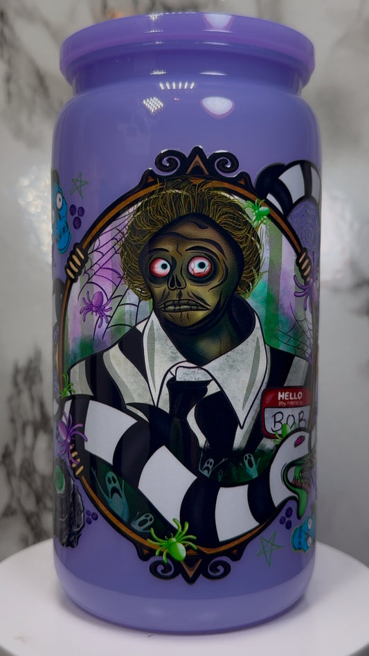 Beetle juice Bob UVDTF on a PLASTIC purple beer can cup