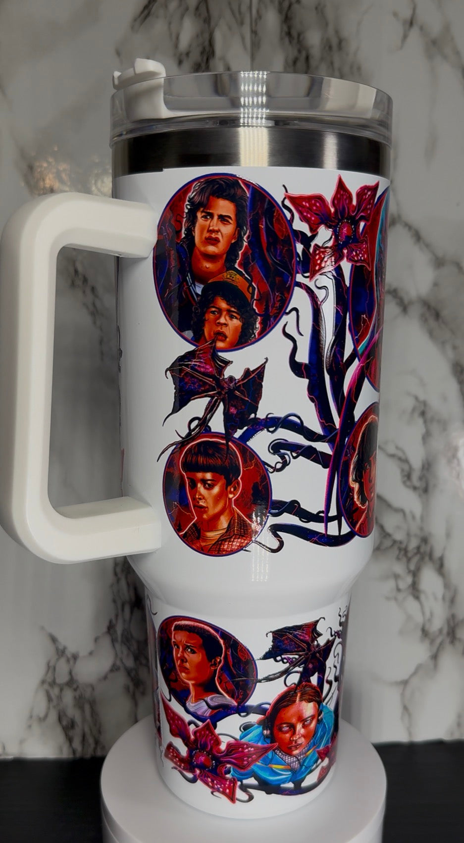 Stranger Things on a white 40oz tumbler