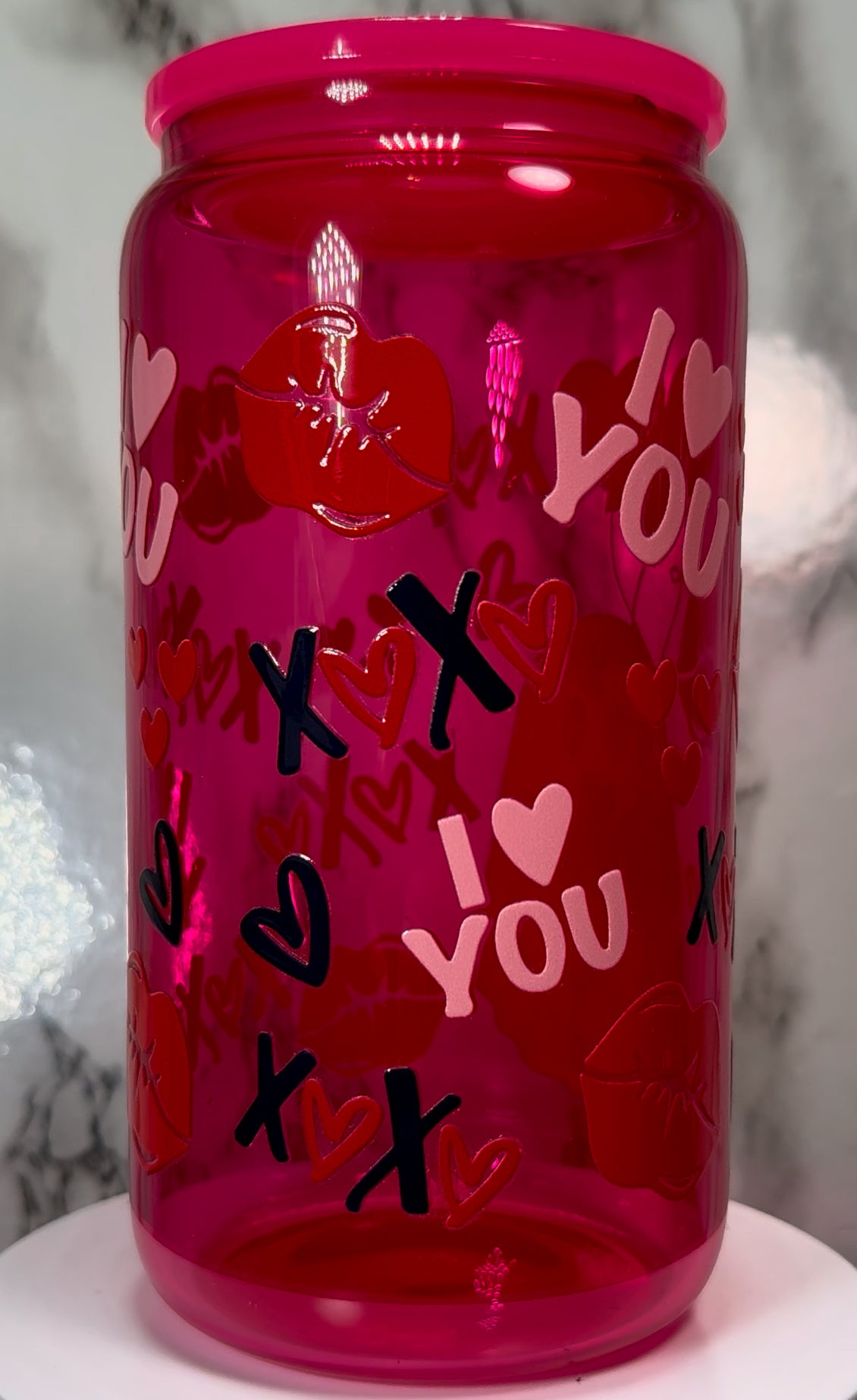Valentine’s Day Ghost UVDTF on a hot pink beer can glass