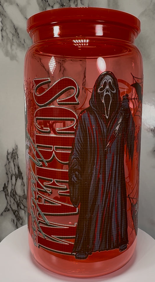 Scream UVDTF on a red PLASTIC beer can cup