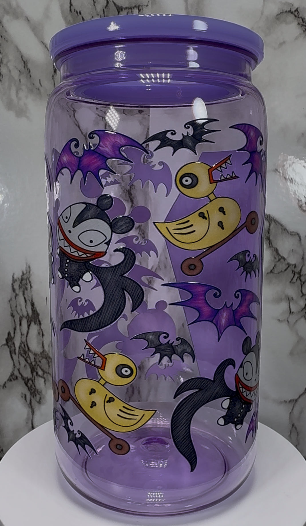 Jack Skellington Nightmare Before Christmas UVDTF on a purple PLASTIC beer can cup