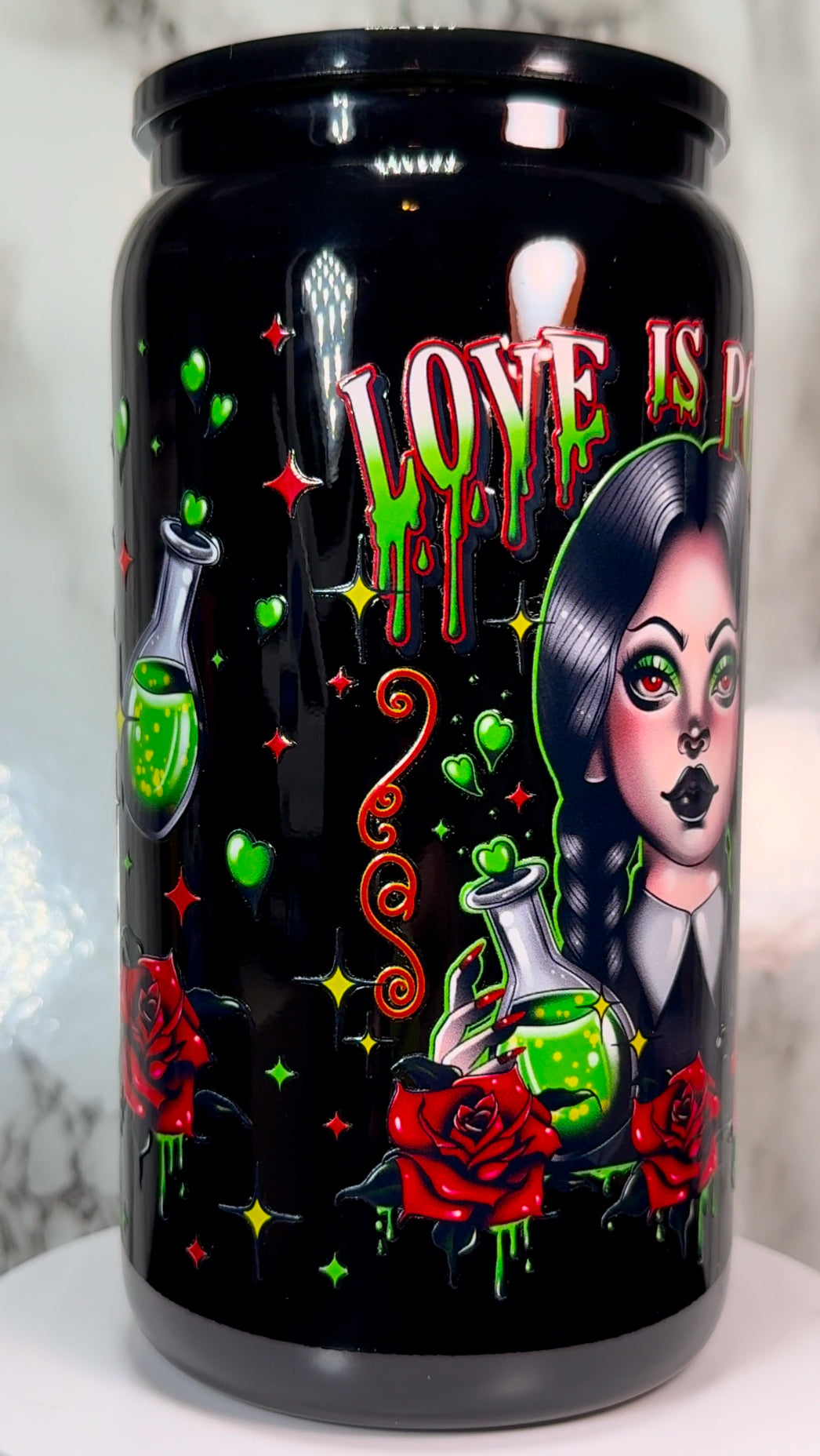 Love is Poison Wednesday Addams Valentine’s Day UVDTF on black beer can glass