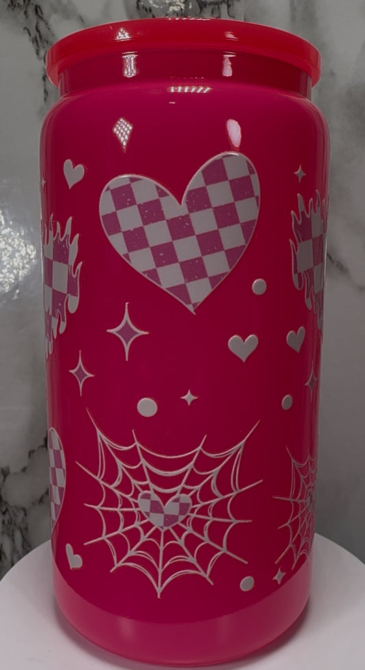 White & Pink Checkered Hearts UVDTF on a hot pink beer can glass