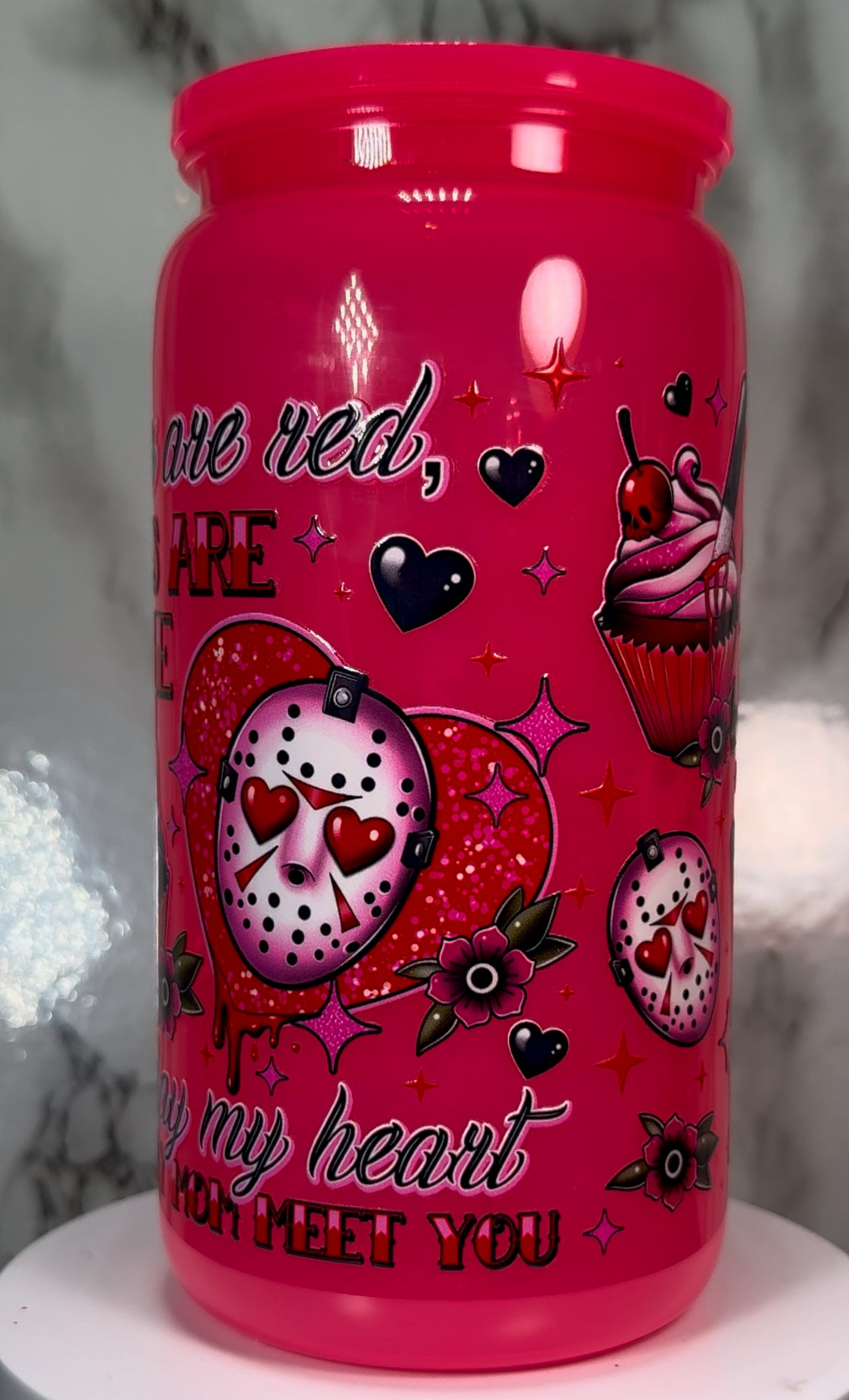 Valentine’s Day Friday the 13th Jason Voorhees UVDTF on a hot pink plastic beer can cup