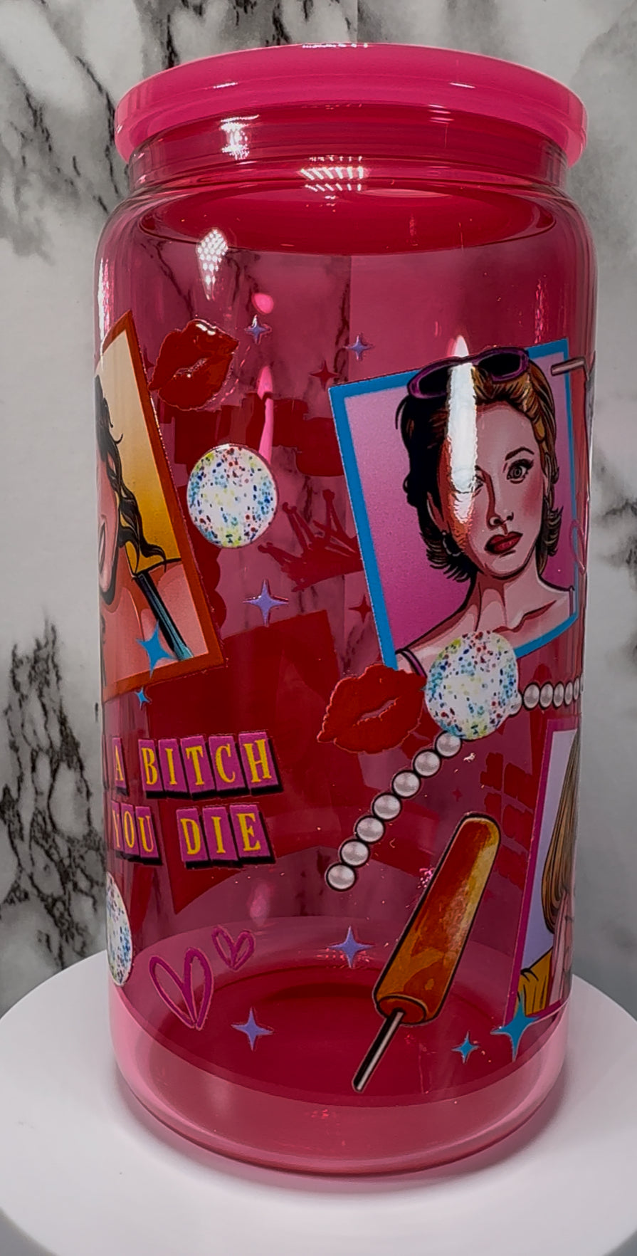 Jawbreaker UVDTF on a hot pink beer can glass
