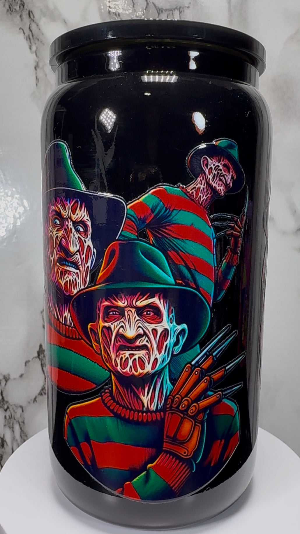 Nightmare on Elm Street Freddy Krueger UVDTF on a black beer can glass