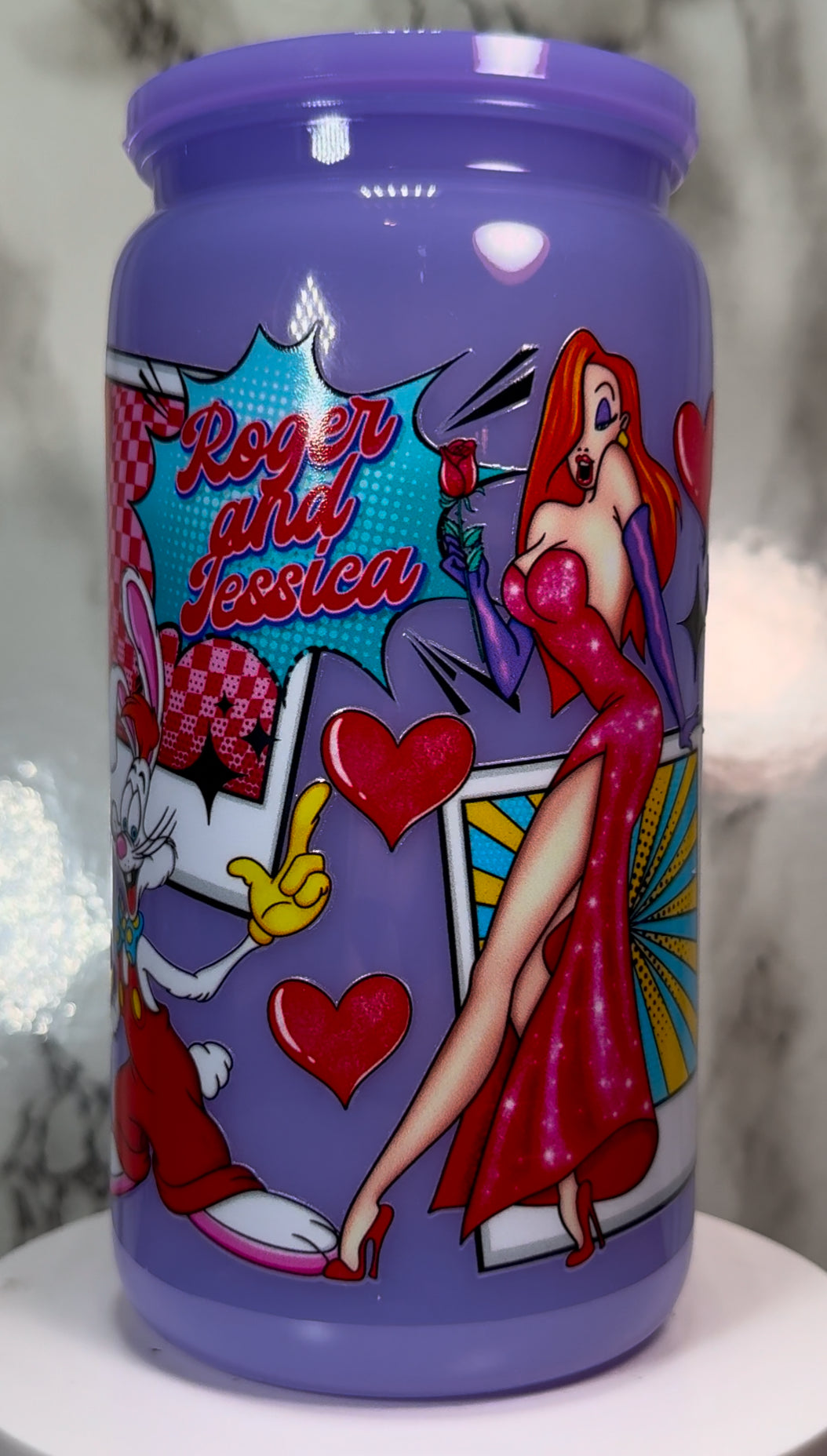 Roger Rabbit Valentine’s Day UVDTF on a plastic purple beer can cup