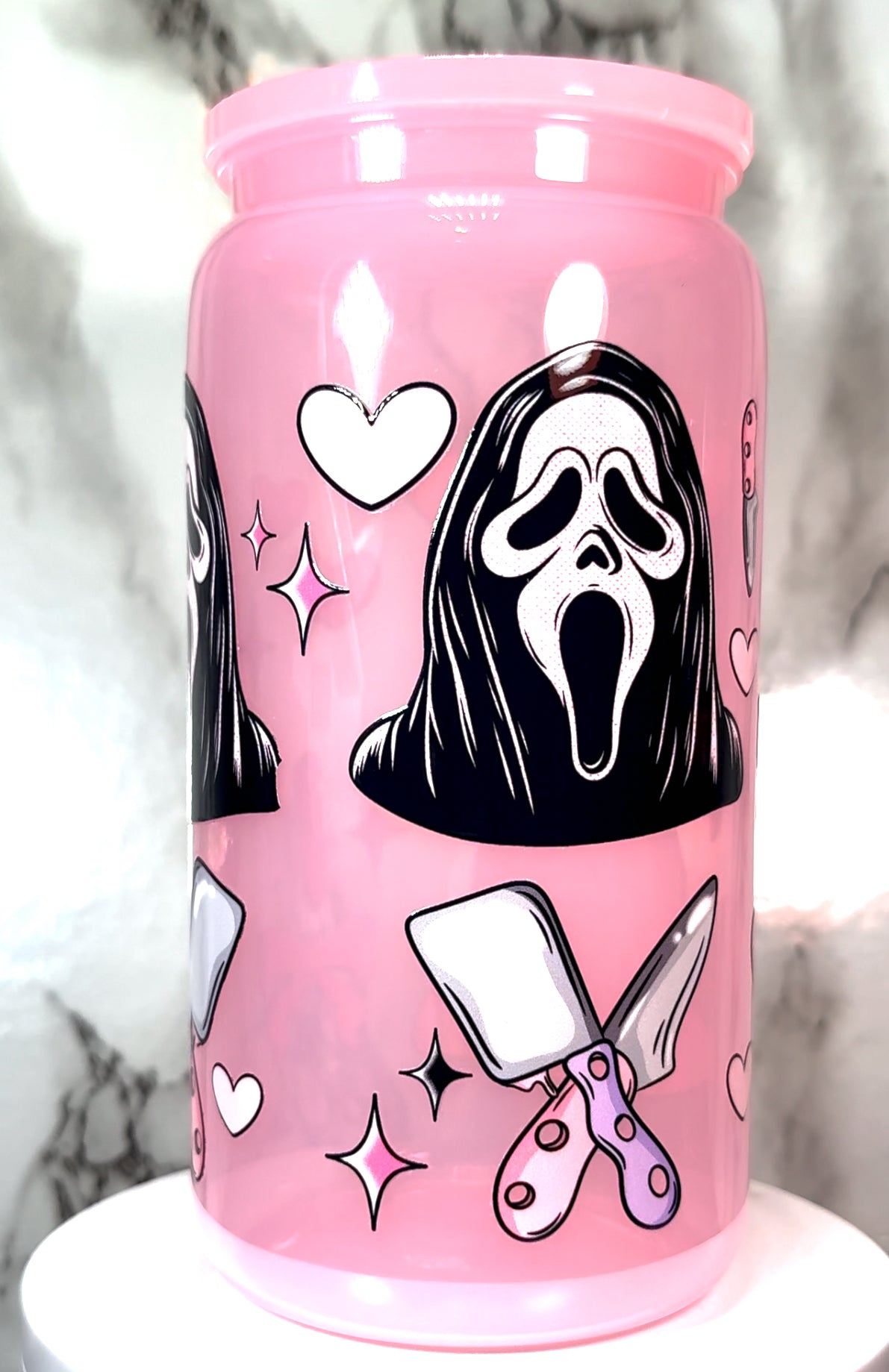 Valentine’s Day Ghostface UVDTF on a plastic pink beer can cup