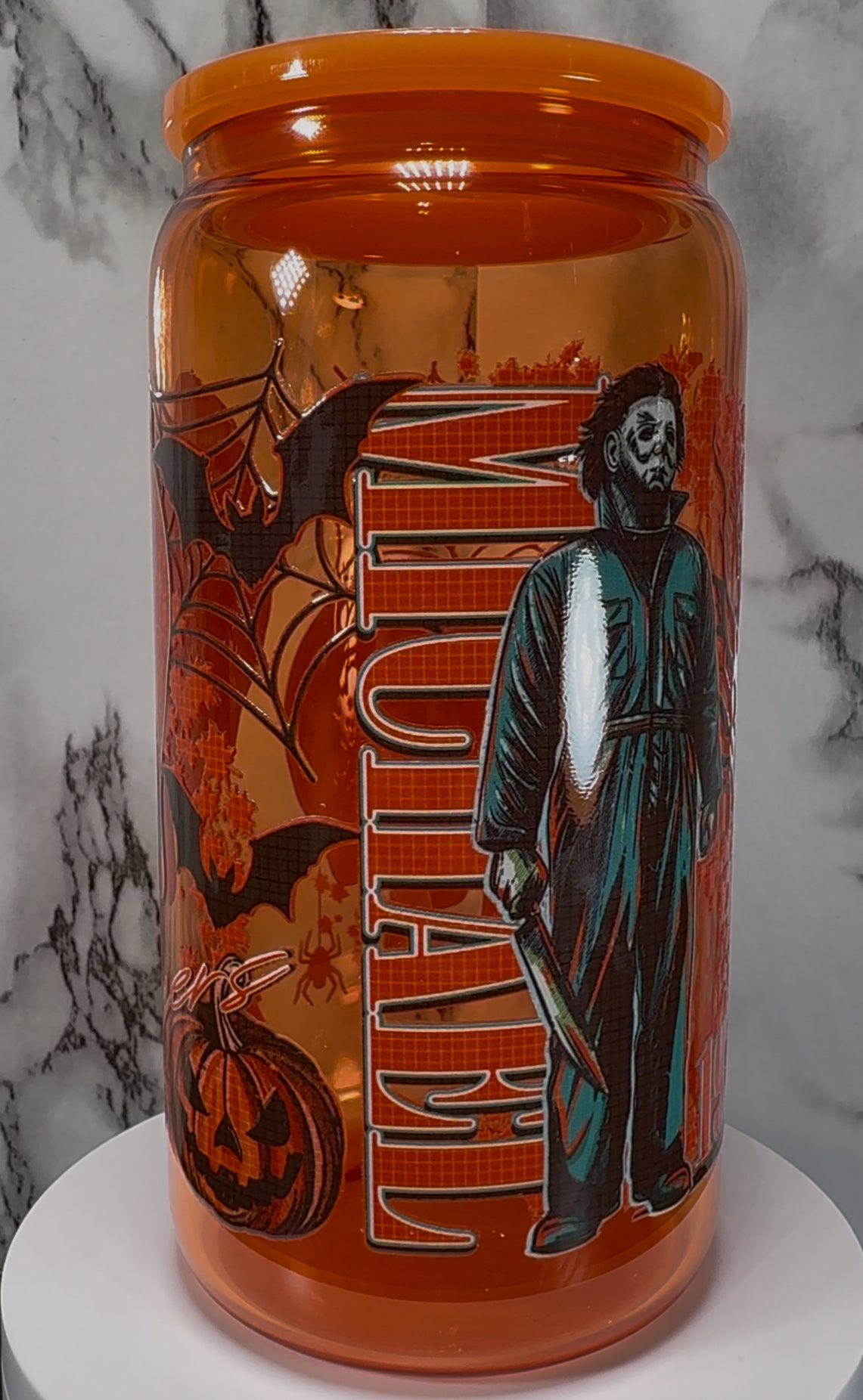 Michael Myers 1978 Halloween UVDTF on a orange beer can glass