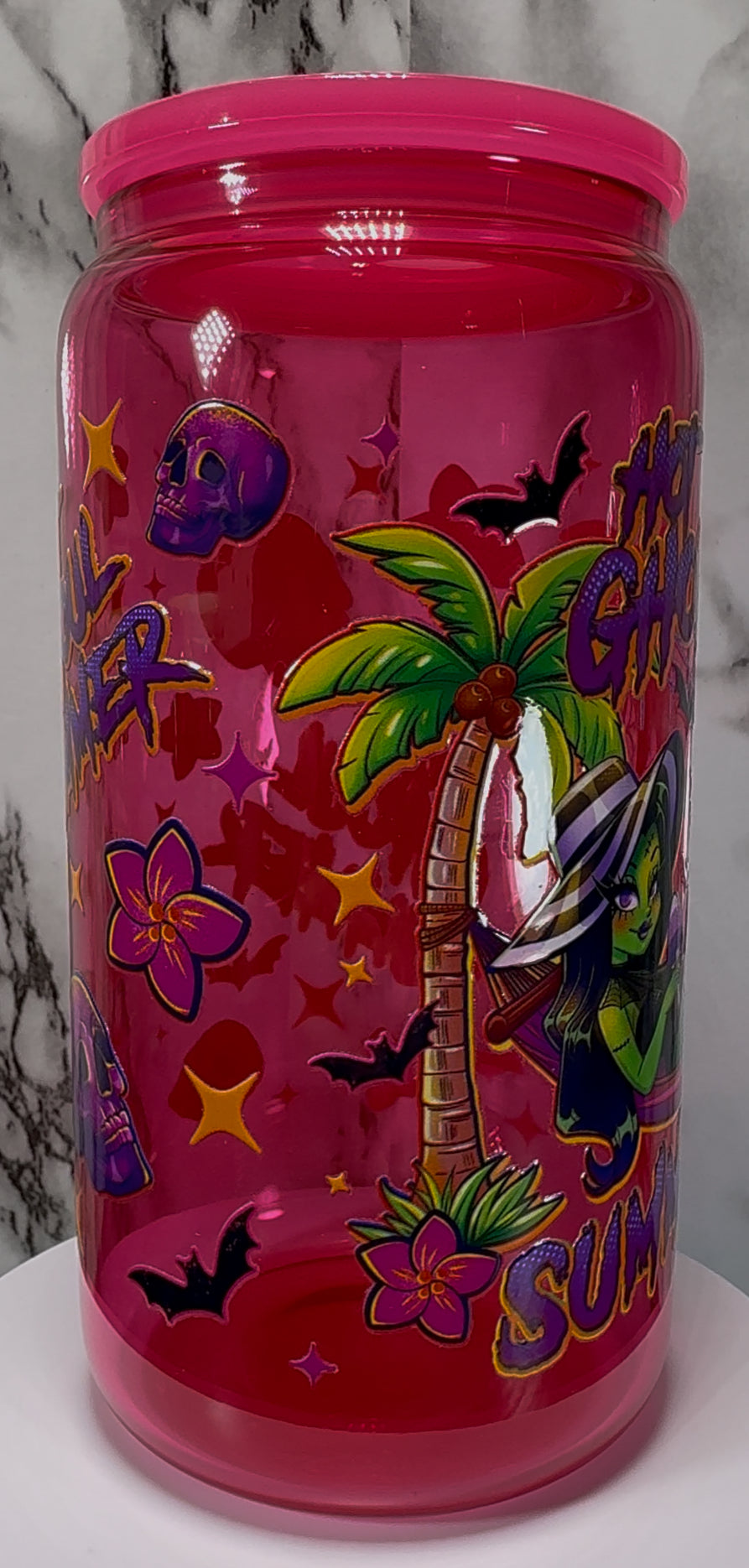 Hot Ghoul Summer UVDTF on a hot pink beer can glass