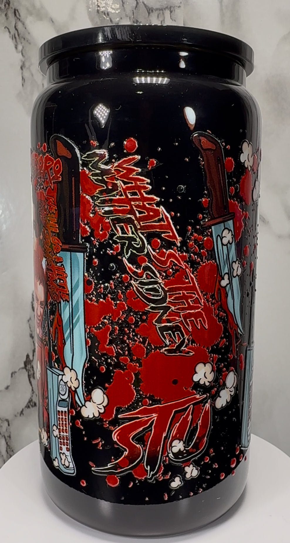 1996 Scream Cast Red UVDTF on a black beer can glass