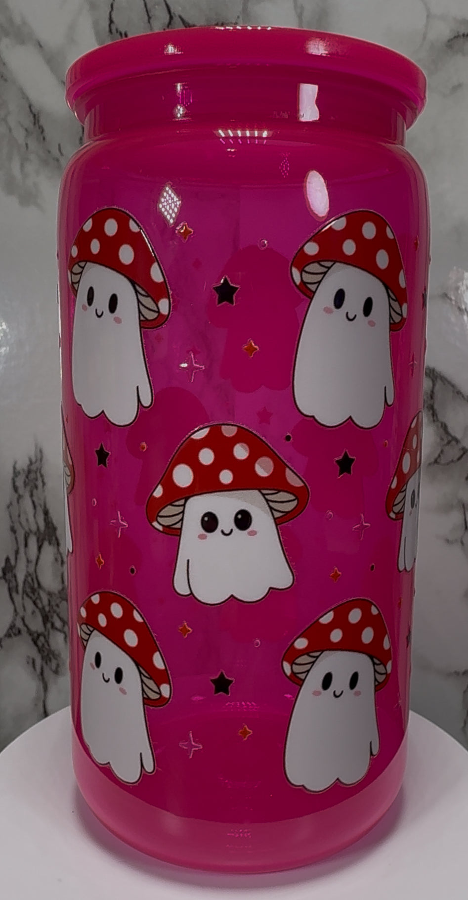 Happy Mushrooms UVDTF on a hot pink PLASTIC beer can cup
