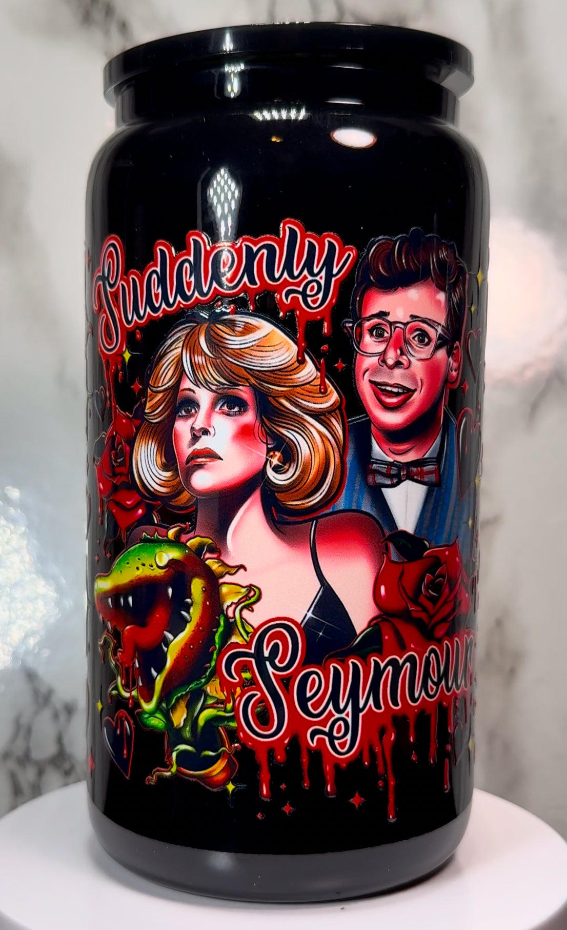 Little Shop Of Horrors Seymour Valentine’s Day UVDTF on a black beer can glass