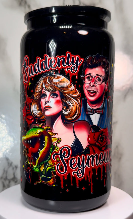 Little Shop Of Horrors Seymour Valentine’s Day UVDTF on a black beer can glass