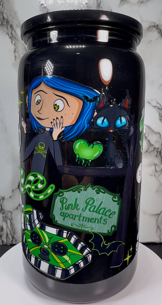 Coraline Green UVDTF on a black plastic beer can cup
