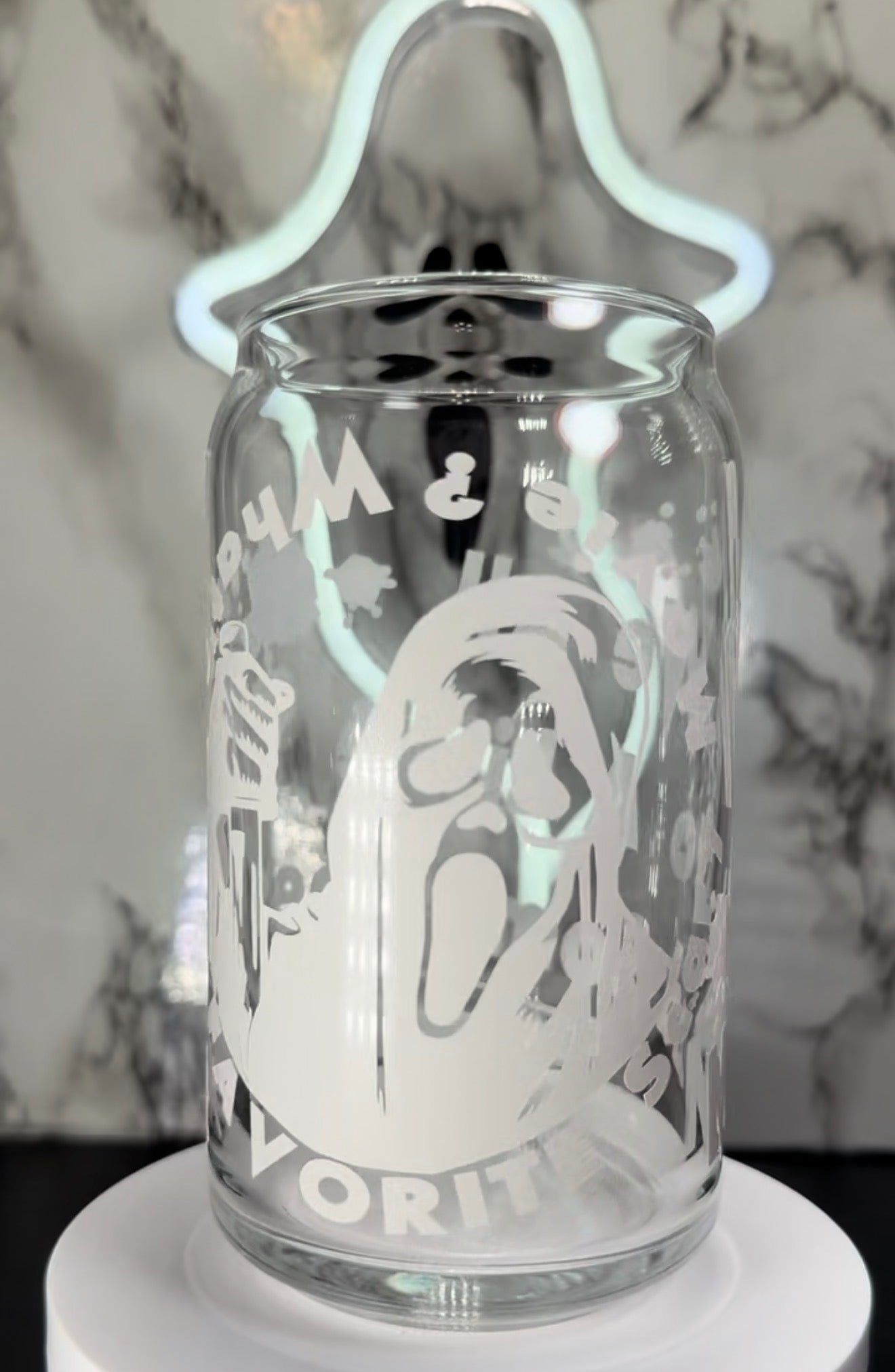 Ghostface color changing black and red permanent vinyl on libbey beer can glass