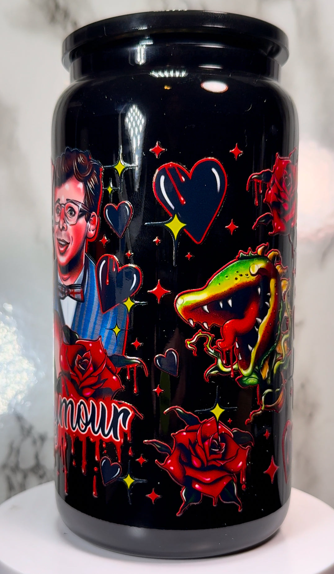 Little Shop Of Horrors Seymour Valentine’s Day UVDTF on a black beer can glass