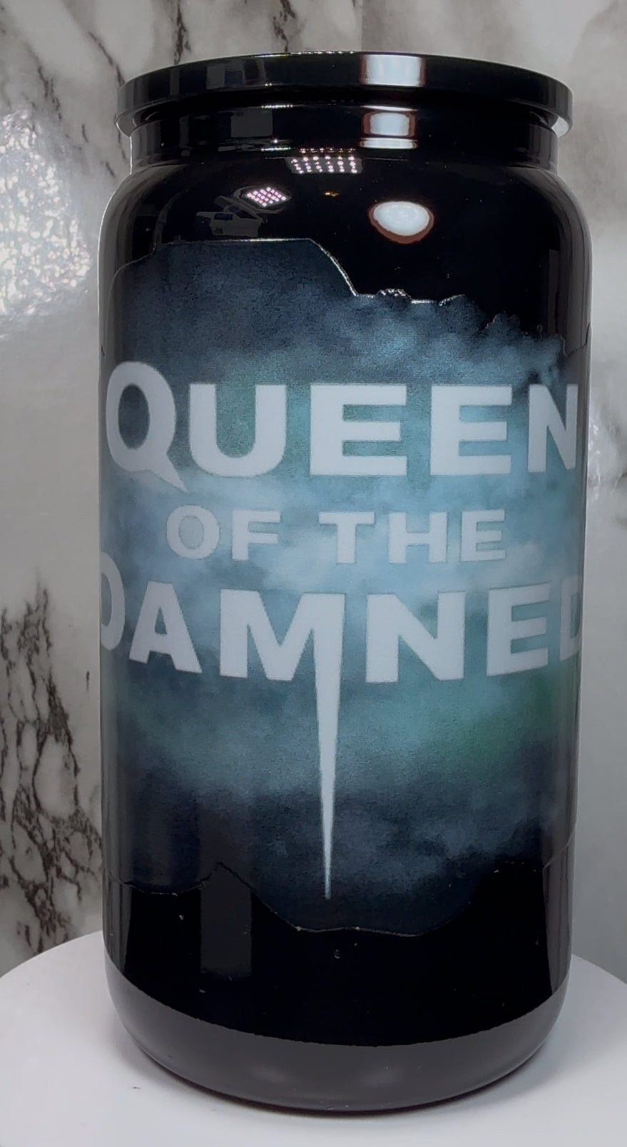 Queen of the Damned UVDTF on a black beer can glass