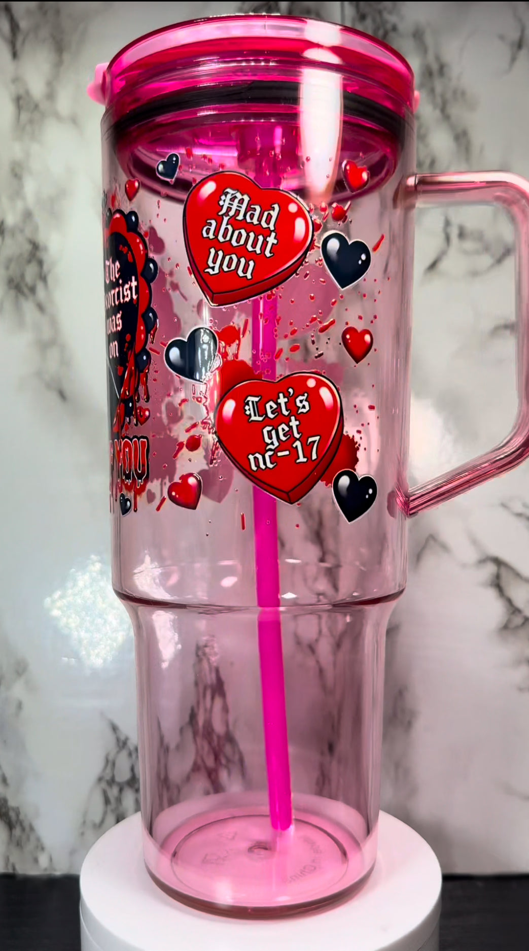 Valentine’s Day Billy Loomis UVDTF on a 40oz pink acrylic tumbler