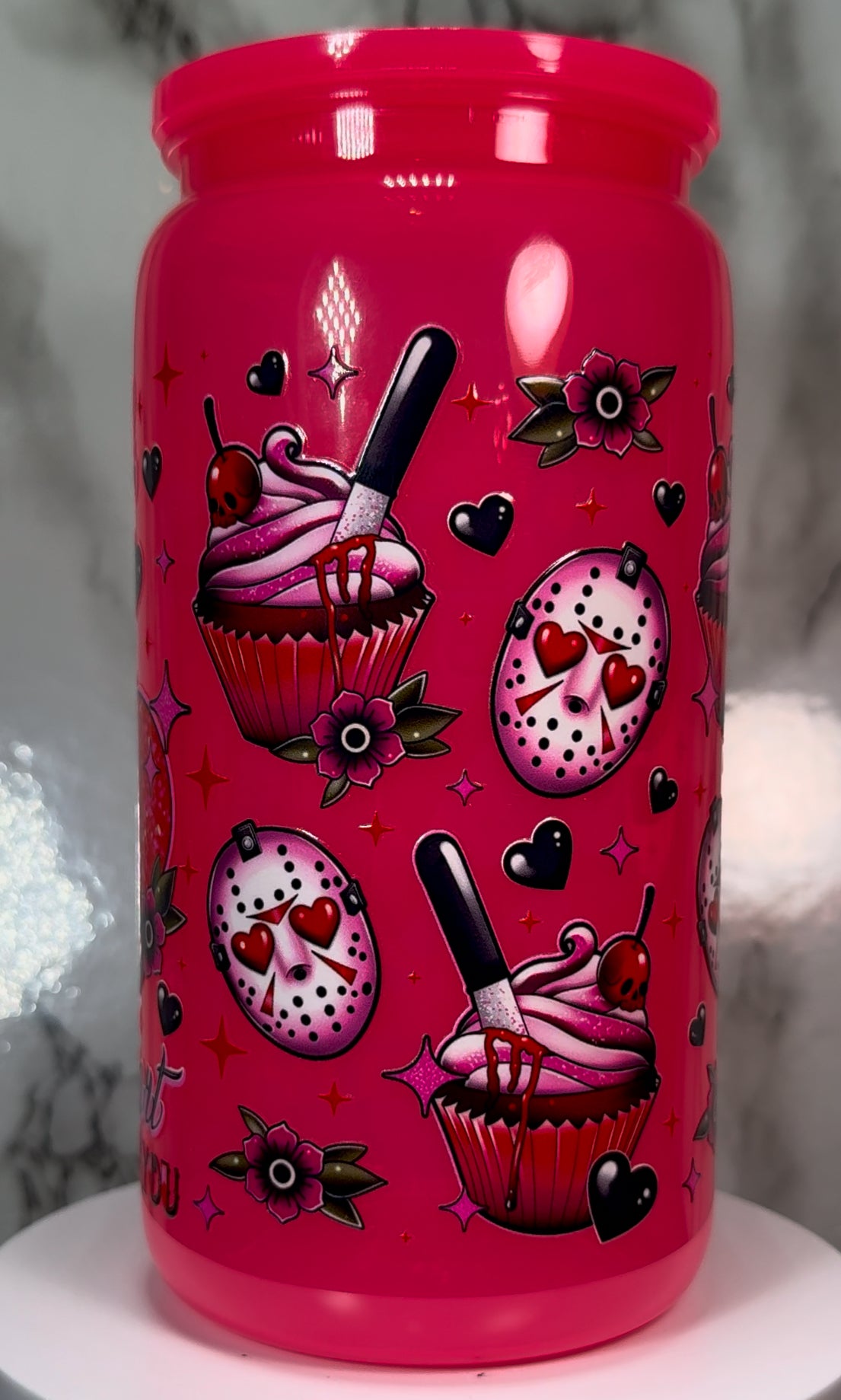 Valentine’s Day Friday the 13th Jason Voorhees UVDTF on a hot pink plastic beer can cup