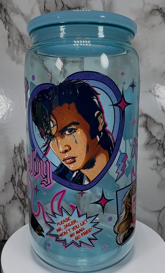 Cry-Baby UVDTF on a blue PLASTIC beer can cup